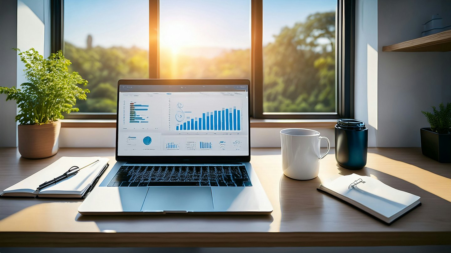 Laptop with data on a desk in a sunny home office.